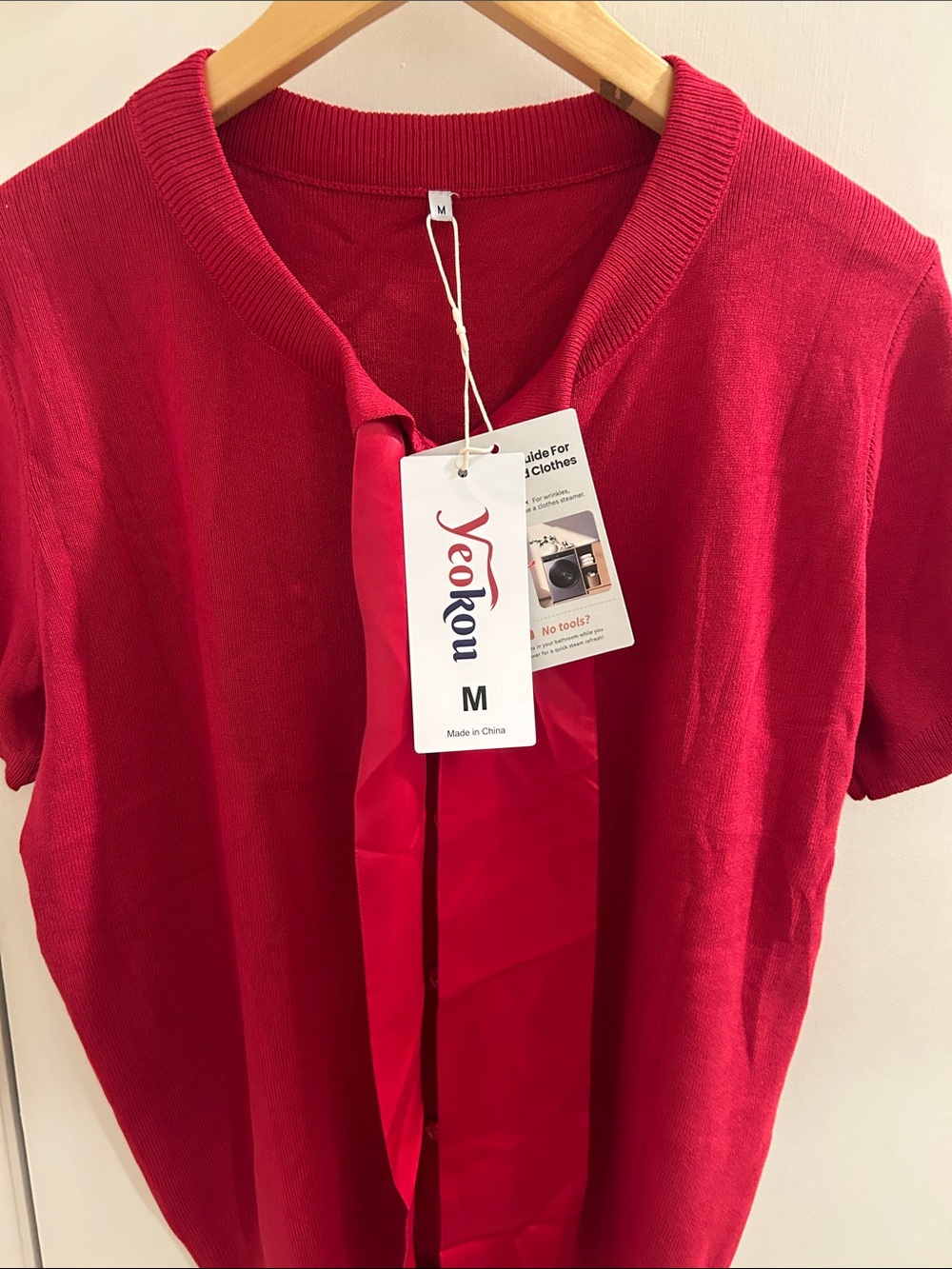 Yeokou Women's Red Short-Sleeve Knit Top with Neck Tie